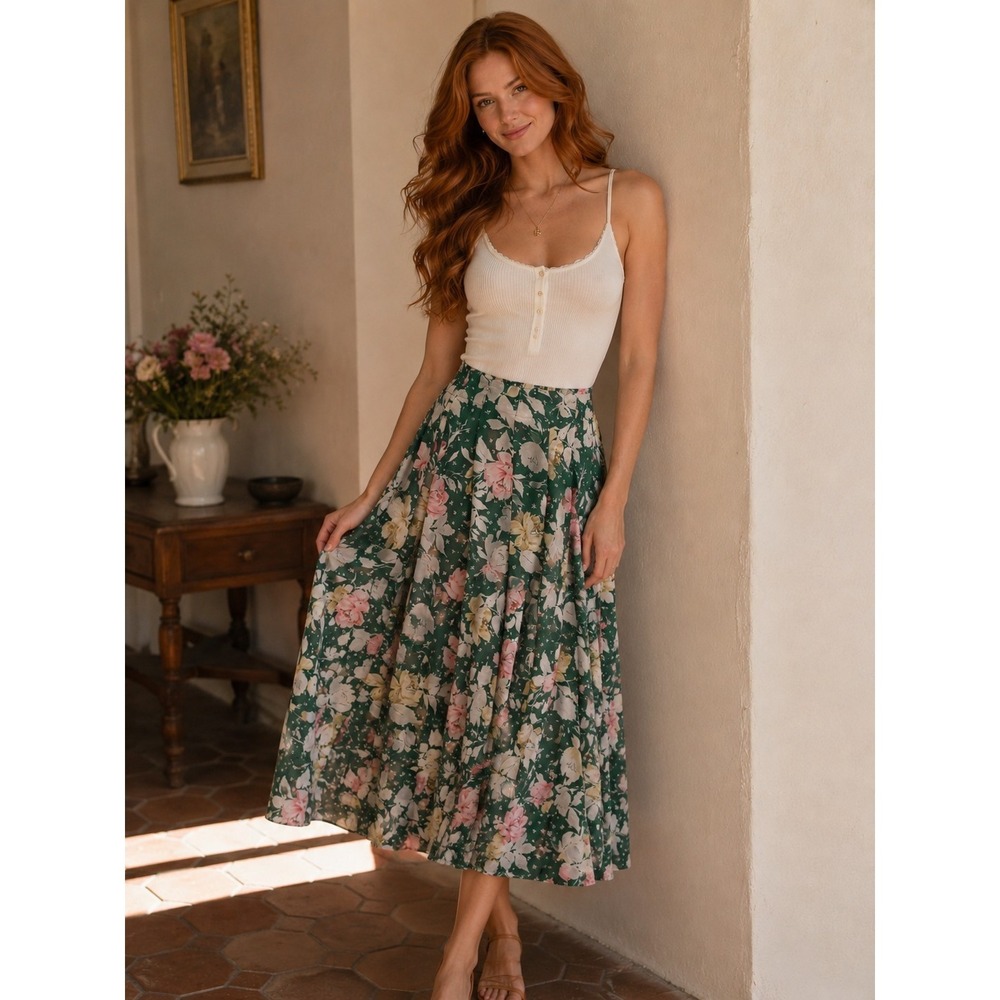 VTG Cotton Pleat Midi Skirt Green Pink Floral Sz 12 Orvis Cottagecore ModestCute